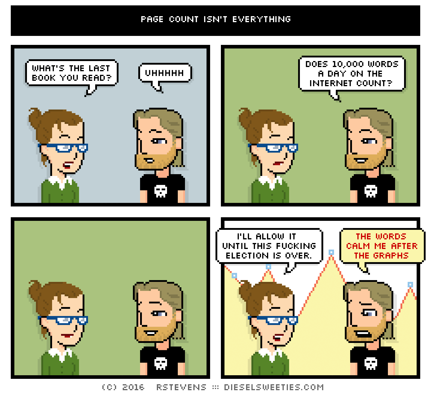comic library anne, metal steve, graph, chart : what's the last book you read? uhhhhh does 10,000 words a day on the internet count? i'll allow it until this fucking election is over. the words calm me after the graphs