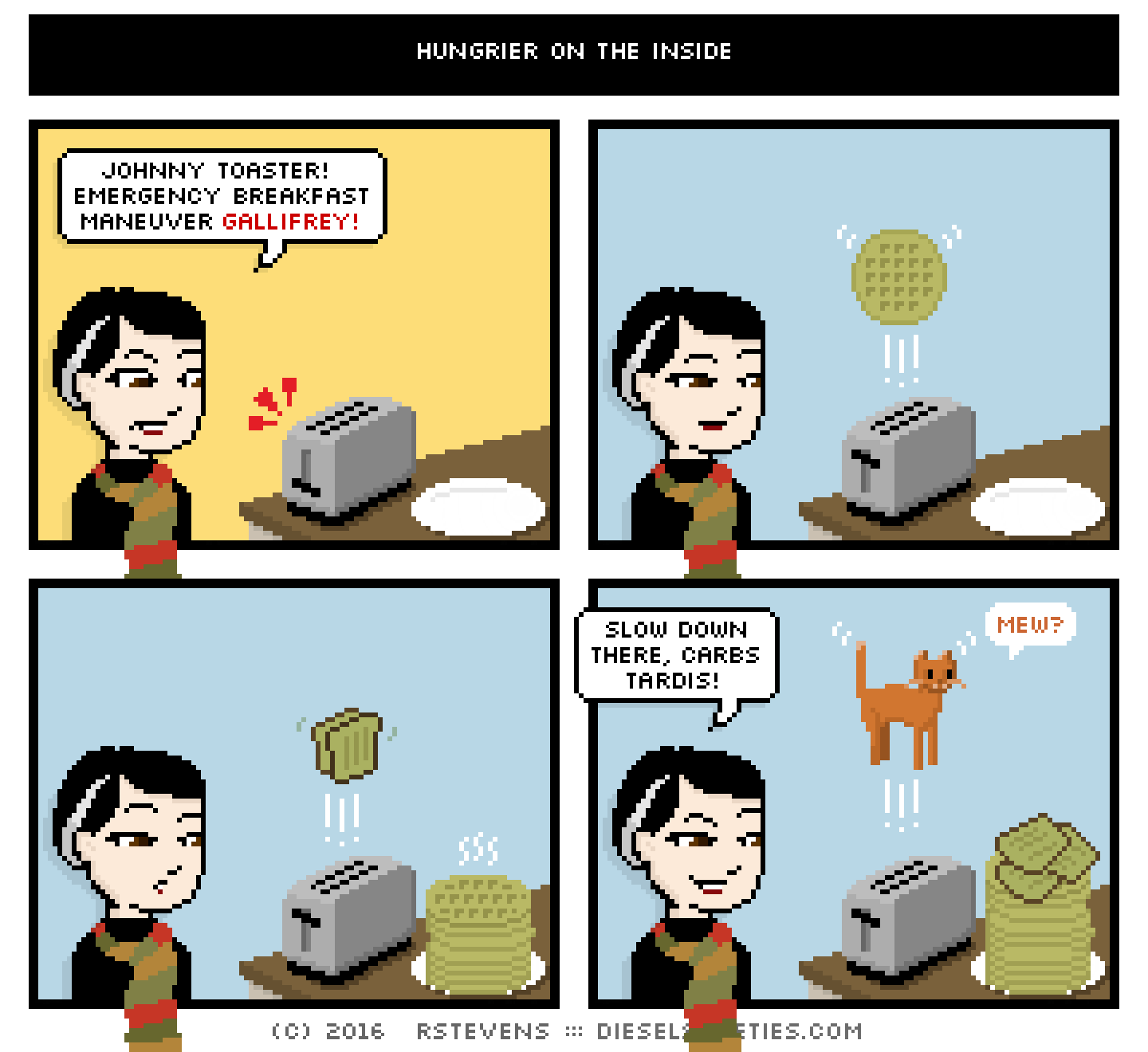 comic pale suzie, johnny toaster, waffles, toast, roger the cat, plate, stack of waffles, stack of food, doctor who scarf : johnny toaster! emergency breakfast maneuver gallifrey! slow down there, carbs tardis!