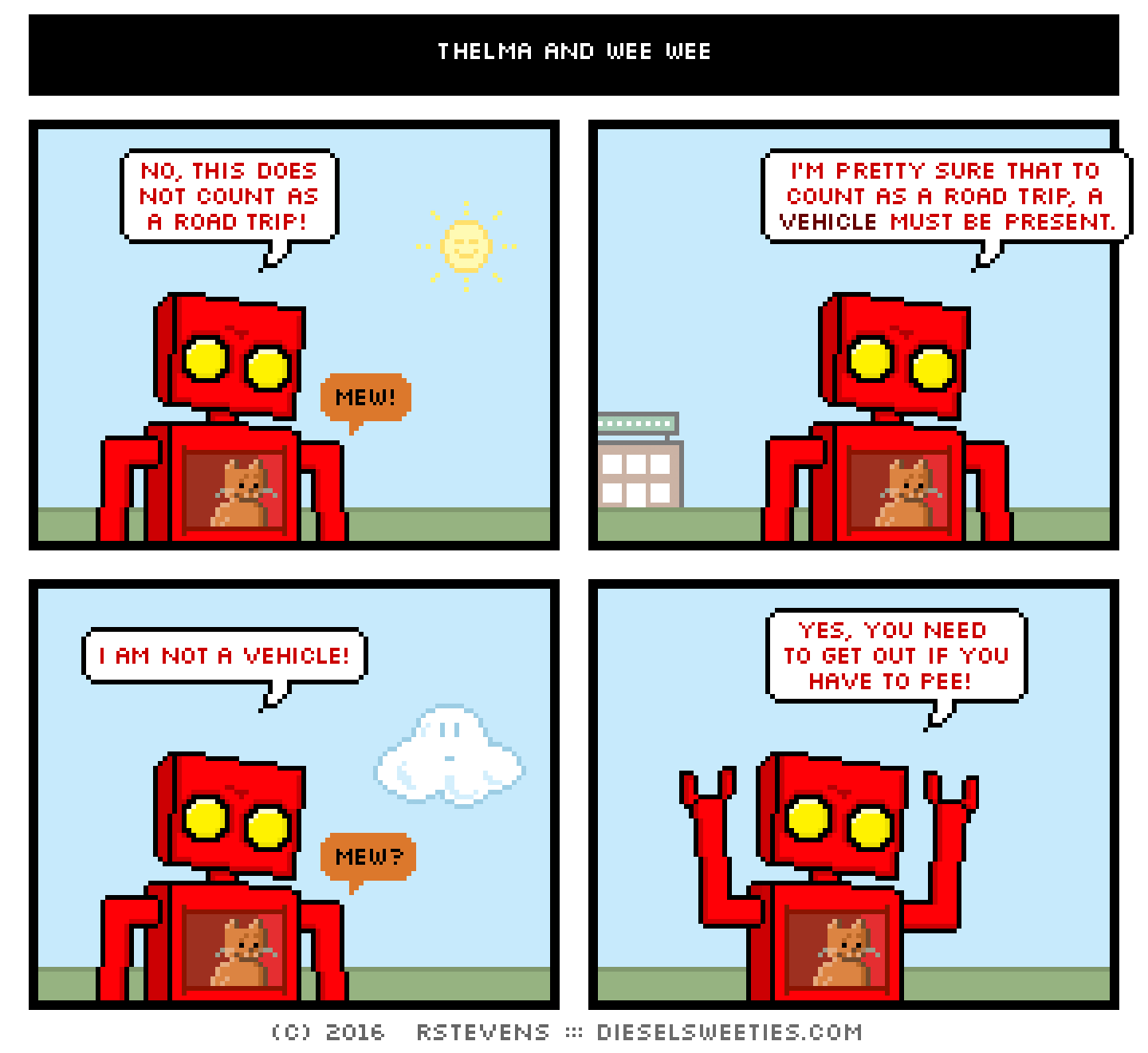 red robot, roger the cat, inside chest, outside, cloud, sun, building : no, this does not count as a road trip! mew! i'm pretty sure that to count as a road trip, a vehicle must be present. i am not a vehicle! mew? yes, you need to get out if you have to pee!