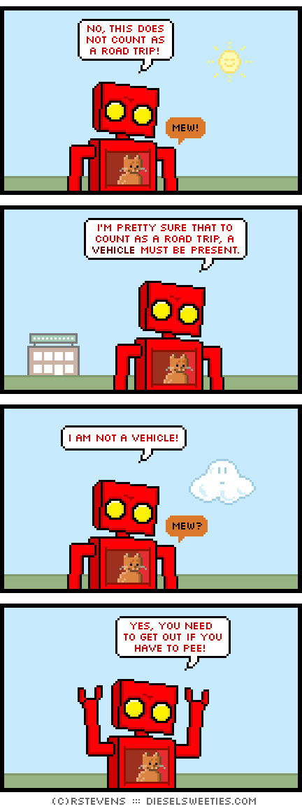 red robot, roger the cat, inside chest, outside, cloud, sun, building : no, this does not count as a road trip! mew! i'm pretty sure that to count as a road trip, a vehicle must be present. i am not a vehicle! mew? yes, you need to get out if you have to pee!