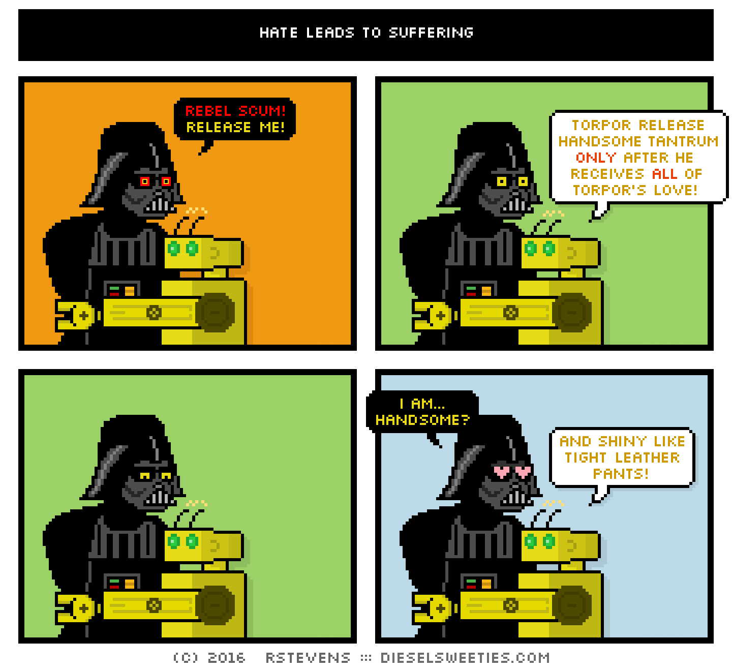 darth vader, torpor, hug : rebel scum! release me! torpor release handsome tantrum only after he receives all of torpor's love! i am... handsome? and shiny like tight leather pants!