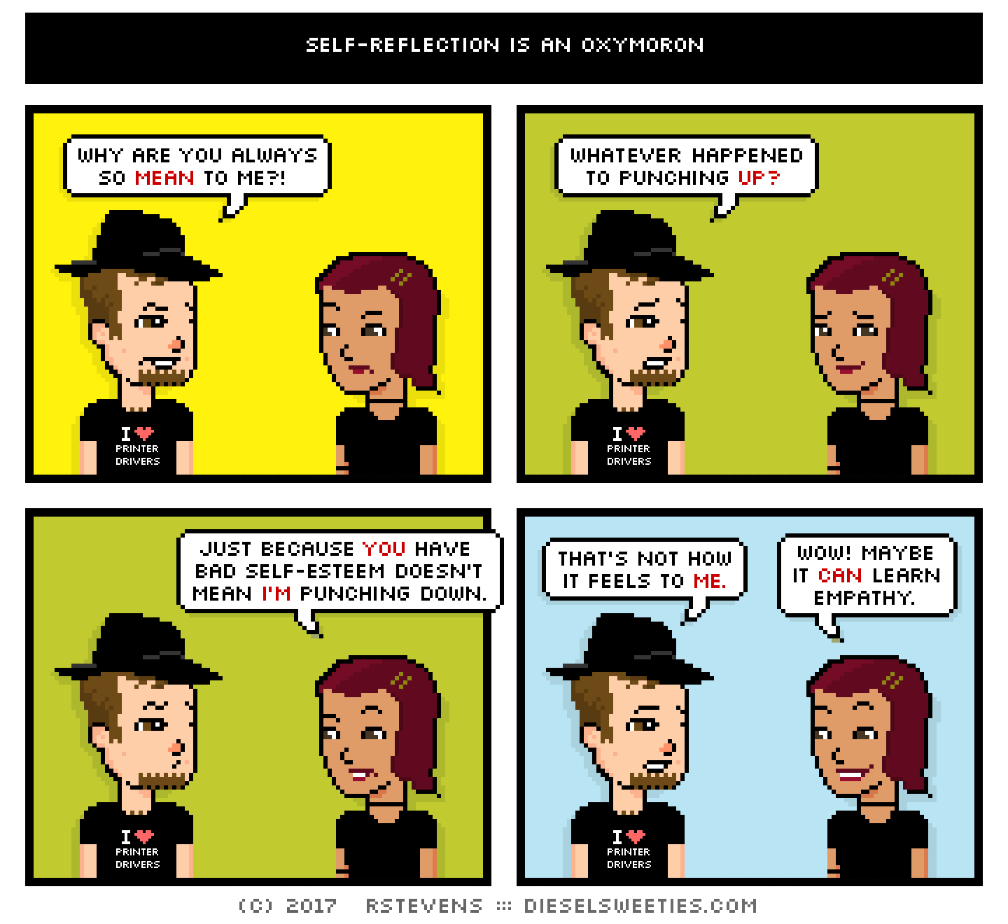 gamer gabe, csstine : why are you always so mean to me?! whatever happened to punching up? just because you have bad self-esteem doesn't mean i'm punching down. that's not how it feels to me. wow! maybe it can learn empathy.