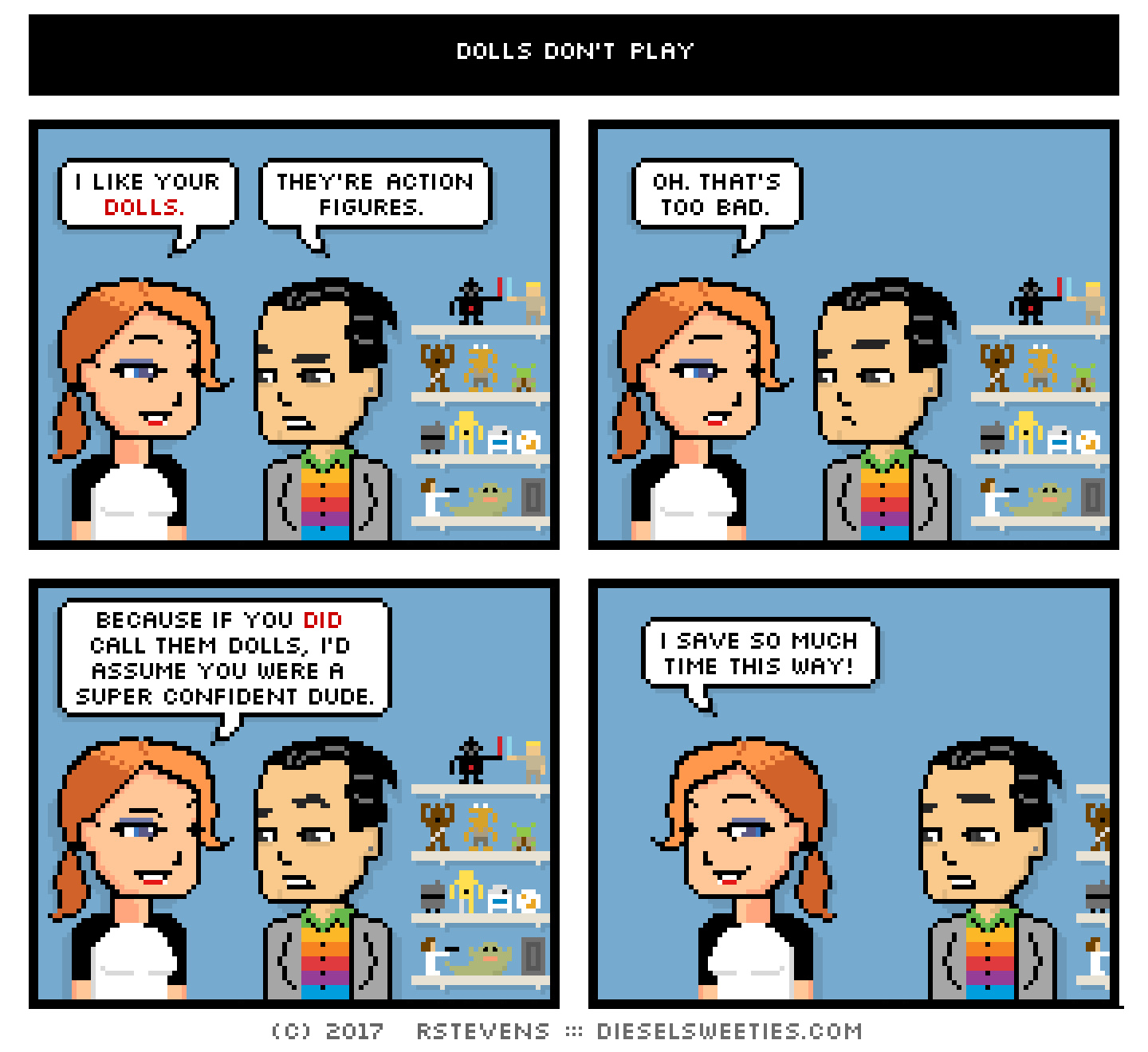 maura, electron mike, action figures, star wars figures, shelves : i like your dolls. they're action figures. oh. that's too bad. because if you did call them dolls, i'd assume you were a super confident dude. i save so much time this way!