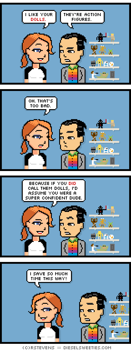 maura, electron mike, action figures, star wars figures, shelves : i like your dolls. they're action figures. oh. that's too bad. because if you did call them dolls, i'd assume you were a super confident dude. i save so much time this way!