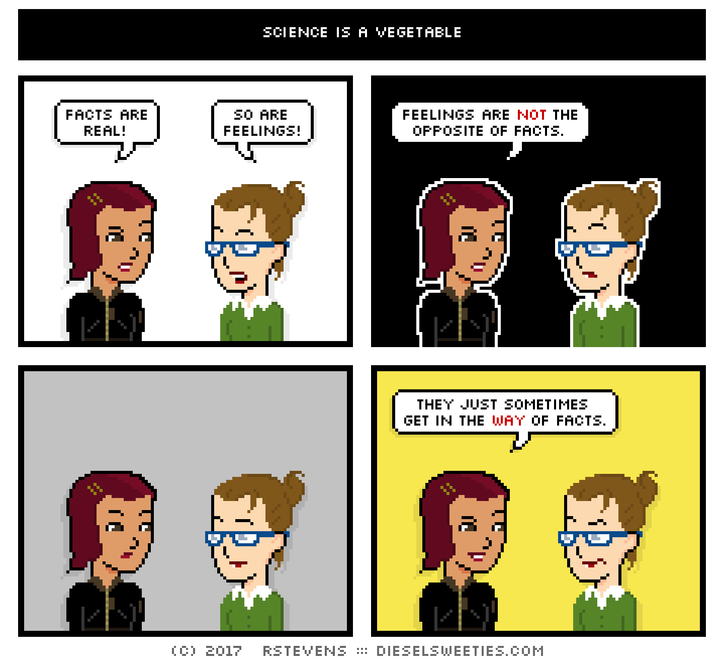 comic csstine, library anne : facts are real! so are feelings! feelings are not the opposite of facts. they just sometimes get in the way of facts.