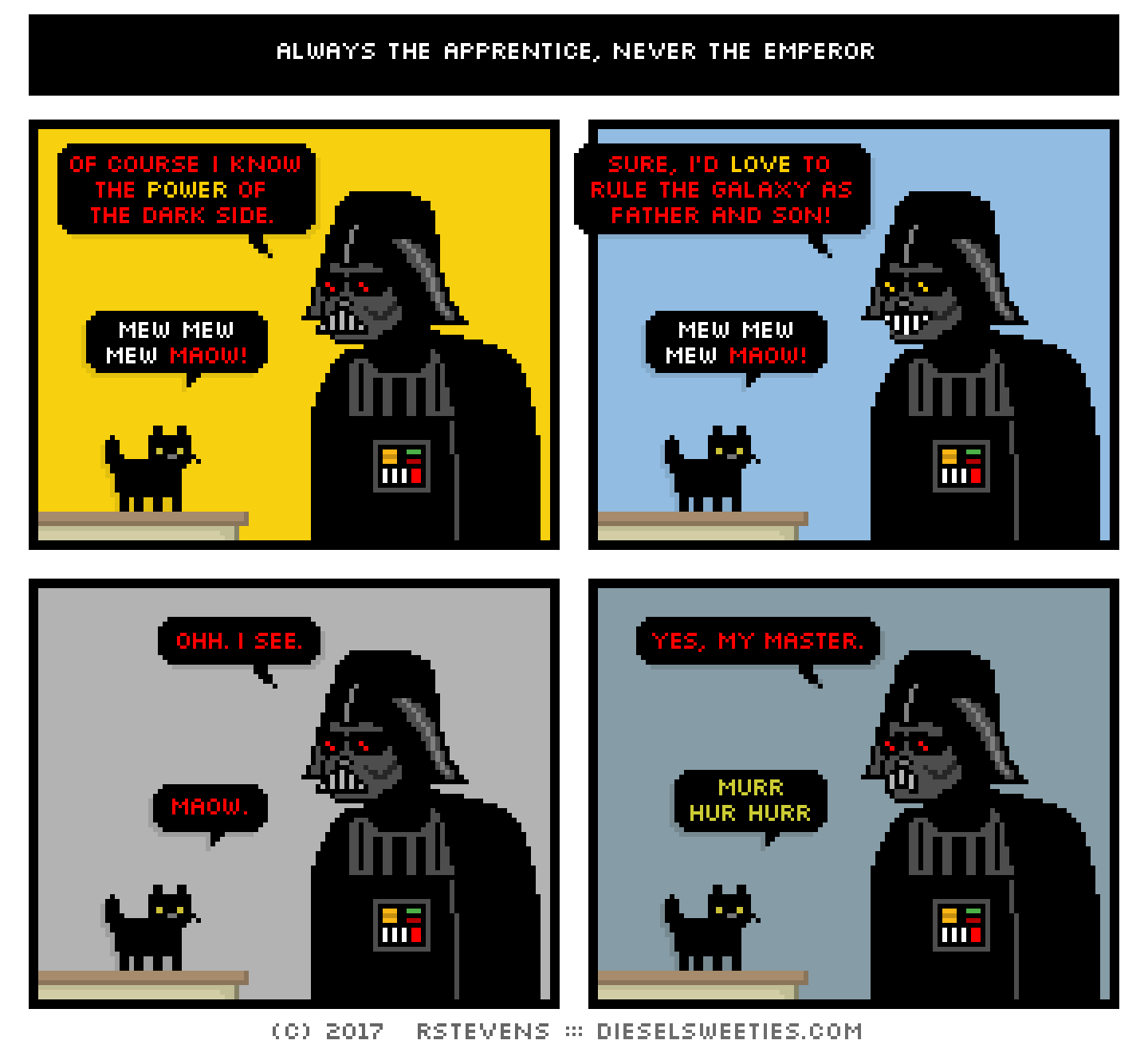 comic john stamos kitten, darth vader, smile : mew mew maow maow sure, i'd love to rule the galaxy as father and son! of course i know the power of the dark side. ohh. i see. yes, my master.