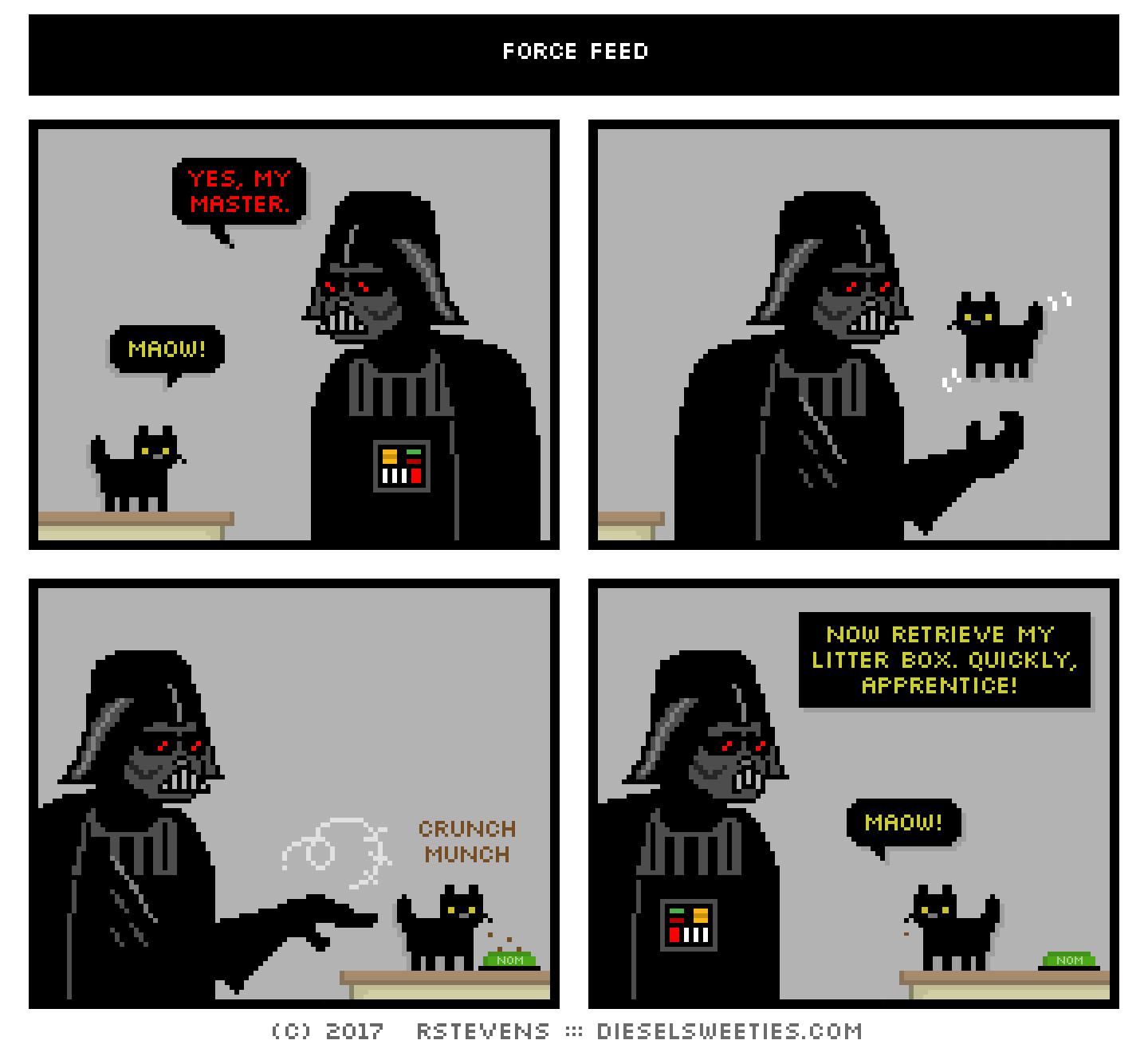 comic john stamos kitten, darth vader, frown : mew mew maow maow yes, my master. levitates cat food crunch crunch now retrieve my litter box. quickly, apprentice!