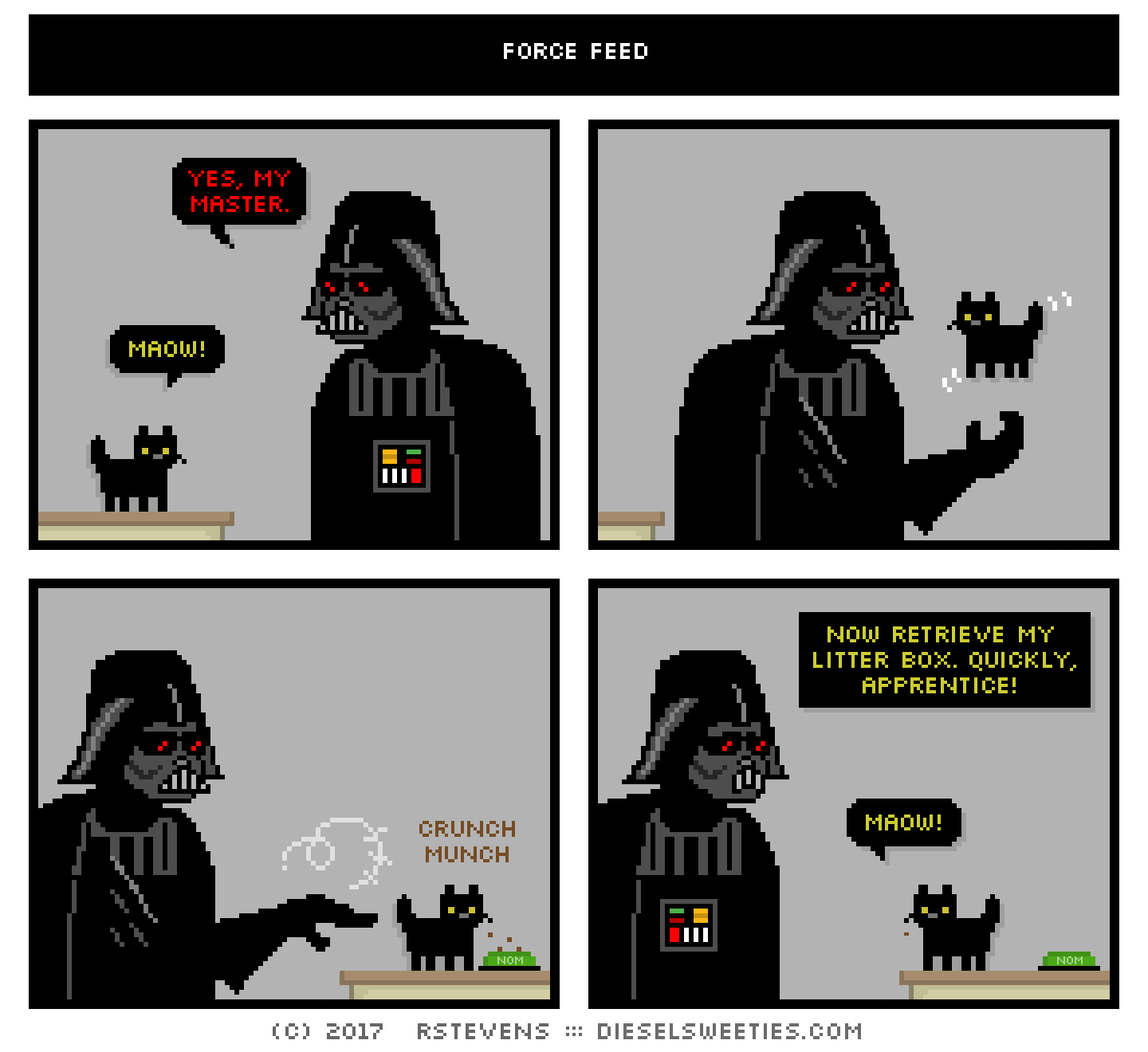 john stamos kitten, darth vader, frown : mew mew maow maow yes, my master. levitates cat food crunch crunch now retrieve my litter box. quickly, apprentice!