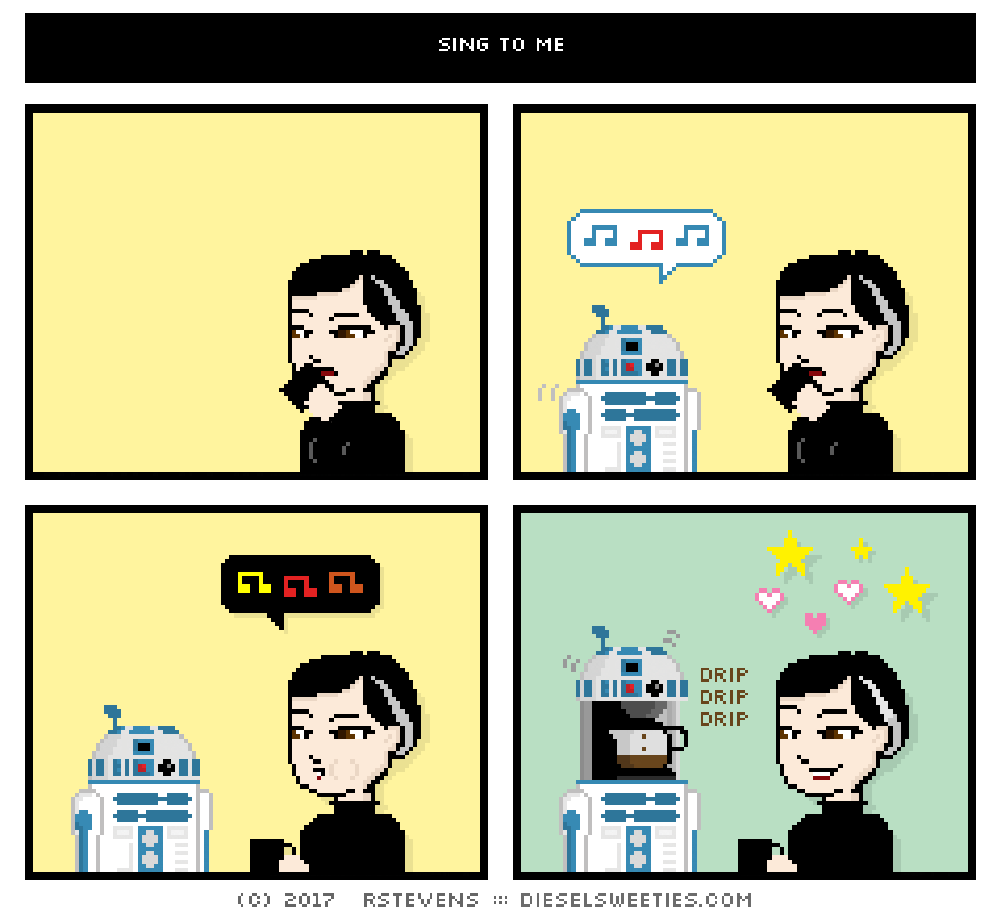 pale suzie : drinking coffee : r2-d2 whistling r2's head pops up brews coffee drip drip smiles