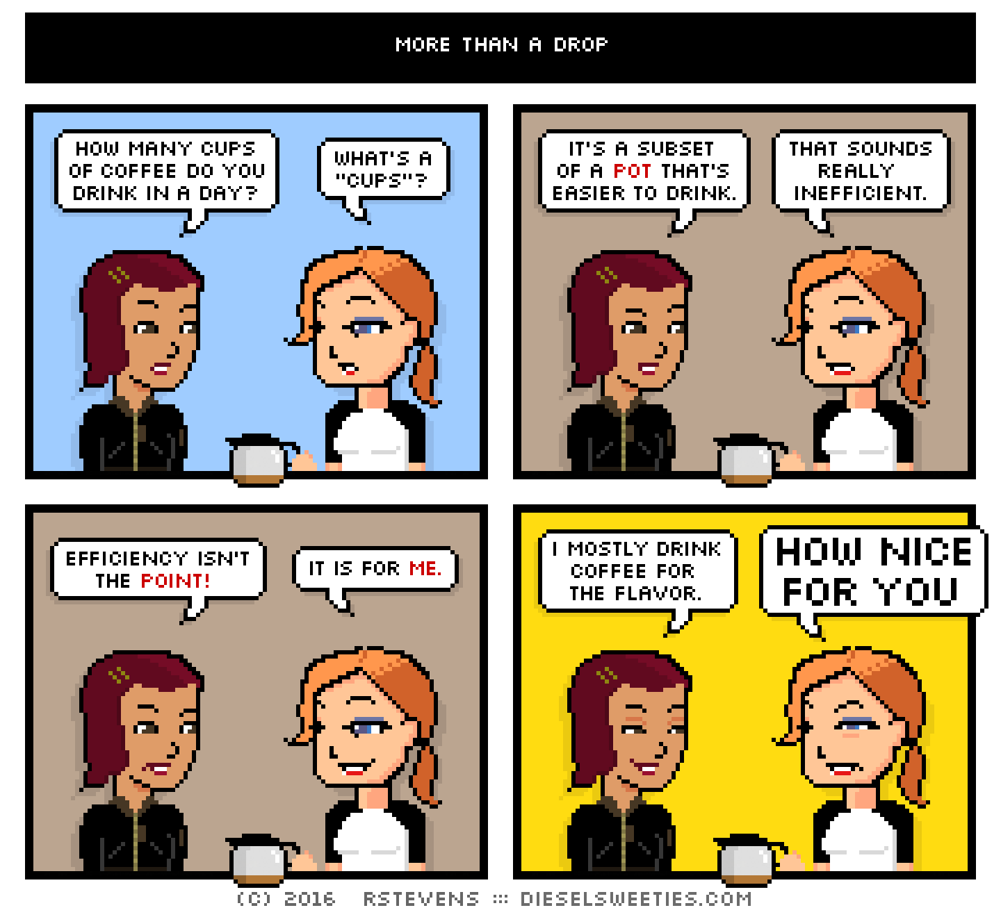 comic csstine, maura, holding coffee pot : how many cups of coffee do you drink in a day? what's a