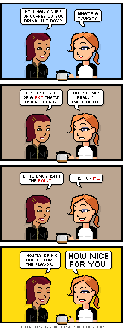 csstine, maura, holding coffee pot : how many cups of coffee do you drink in a day? what's a