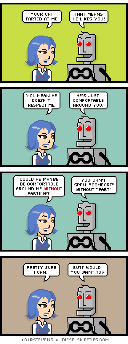 roger the cat, otakate, clango : your cat farted at me! that means he likes you! you mean he doesn't respect me. he's just comfortable around you. could he maybe be comfortable around me without farting? you can't spell 