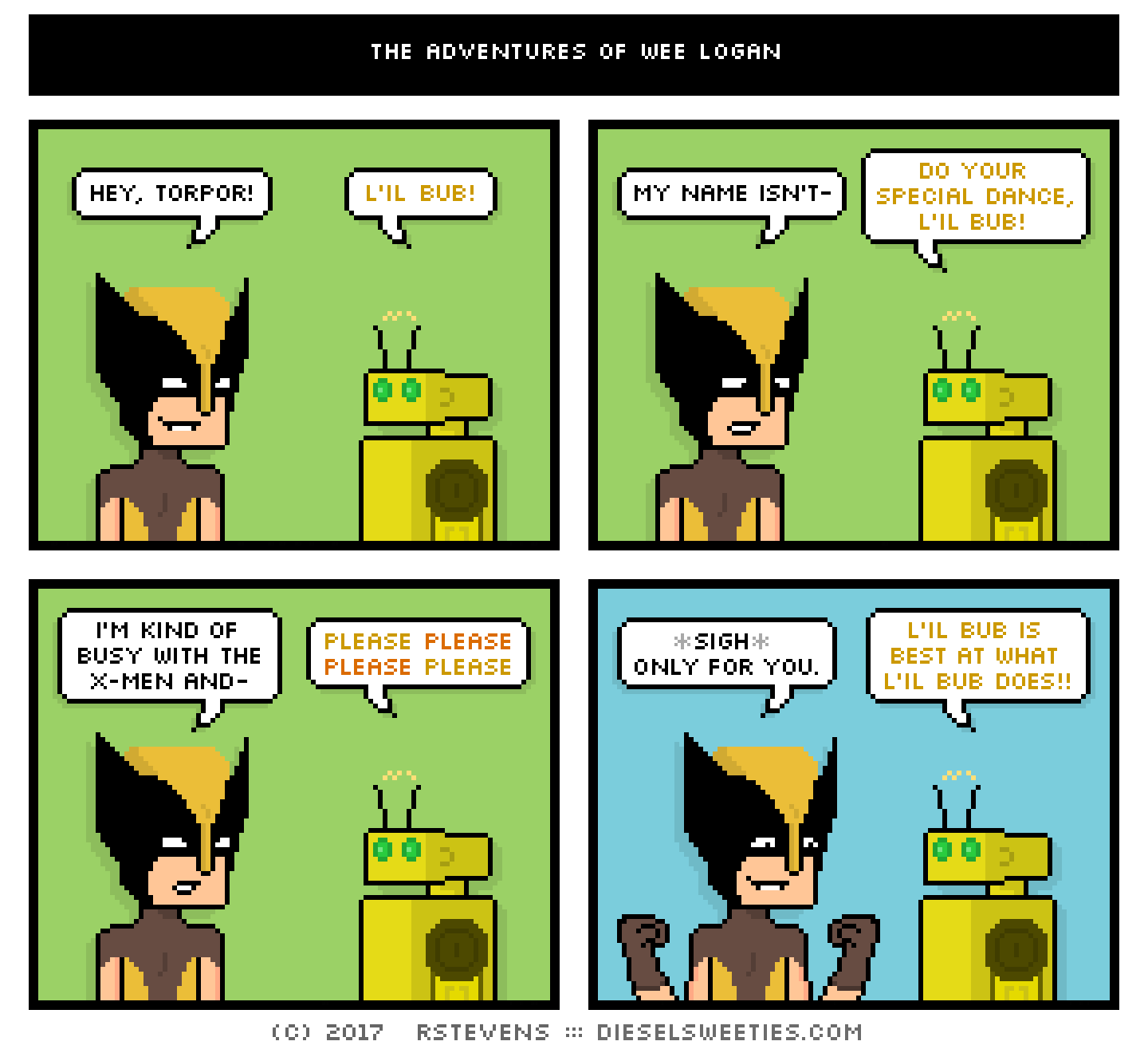 wolverine, torpor, gif : hey, torpor! l'il bub! my name isn't- do your special dance, l'il bub! i'm kind of busy with the x-men and- please please please please *sigh* only for you. l'il bub is best at what l'il bub does!!